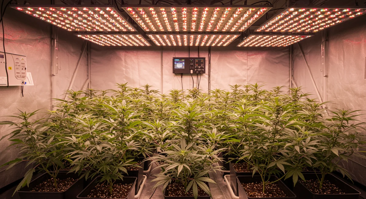 Ambiente de cultivo interno de cannabis com controle de temperatura, umidade e iluminação para o desenvolvimento saudável das plantas.