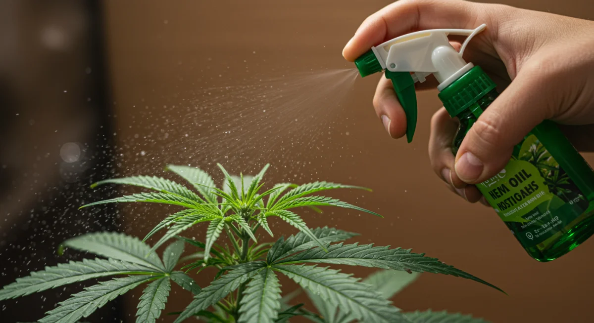 Aplicação de óleo de neem em planta de cannabis para controle de pragas, com gotículas visíveis nas folhas.