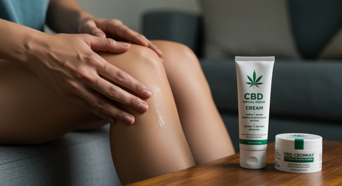 Pessoa aplicando creme tópico de CBD no joelho para alívio da dor localizada.