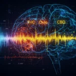 THC e CBD: Análise Comparativa da Atividade Cerebral por EEG Representação artística da atividade cerebral sob influência de THC e CBD, com padrões de EEG distintos.