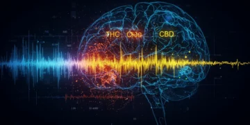 Representação artística da atividade cerebral sob influência de THC e CBD, com padrões de EEG distintos.