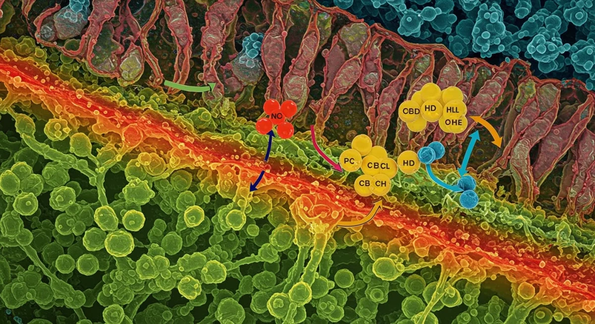 Vista microscópica de tricomas de cannabis produzindo canabinoides, ilustrando a biossíntese dessas moléculas na planta.