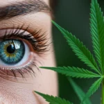 Pesquisas de Cannabis e Glaucoma: Avanços e Perspectivas Folha de cannabis e um olho humano, simbolizando a pesquisa sobre cannabis para tratamento de glaucoma.