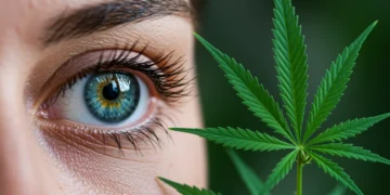 Folha de cannabis e um olho humano, simbolizando a pesquisa sobre cannabis para tratamento de glaucoma.