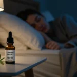Cannabis e Sono: Estudo Revela Impacto de Diferentes Cepas Pessoa dormindo tranquilamente em um quarto à noite, com extrato de cannabis ao lado da cama, simbolizando a relação entre cannabis e sono.