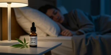 Pessoa dormindo tranquilamente em um quarto à noite, com extrato de cannabis ao lado da cama, simbolizando a relação entre cannabis e sono.