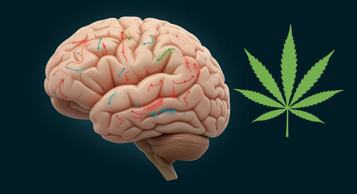 Ilustração do cérebro humano com destaque para áreas afetadas pelo Parkinson e folhas de cannabis.