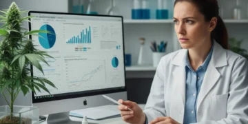 Cientista analisando dados com planta de cannabis ao fundo