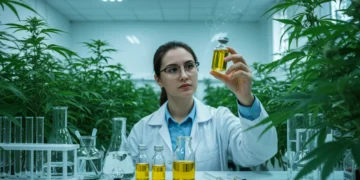Cientista analisando óleo de cannabis em laboratório, simbolizando pesquisa e tratamento médico.