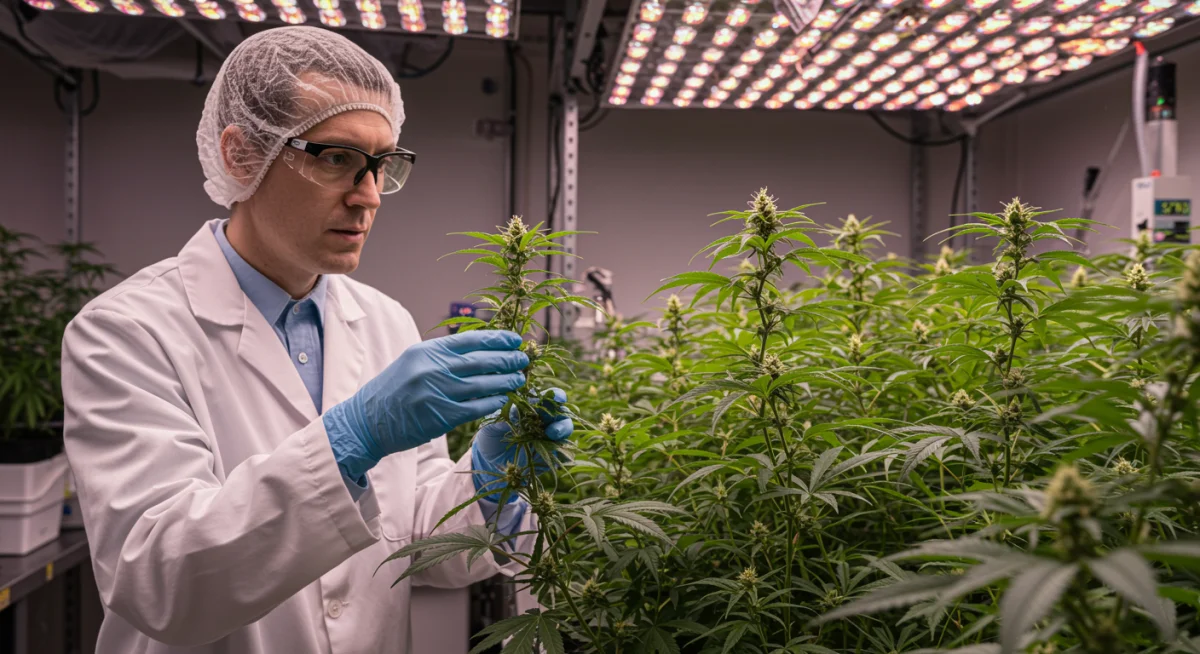 Cientista em laboratório examinando plantas de cannabis, representando a pesquisa e desenvolvimento.