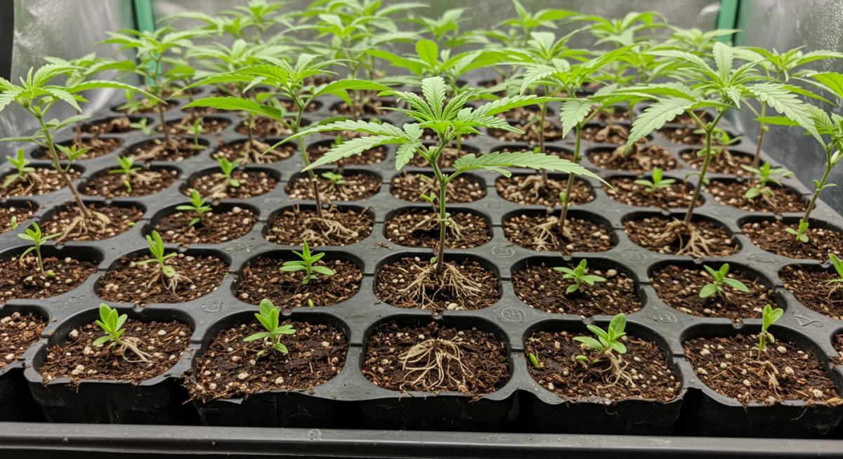 Bandeja de propagação com clones de cannabis exibindo desenvolvimento radicular saudável.