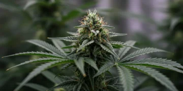 Pés de cannabis maduros prontos para a colheita, com tricomas visíveis e flores densas.