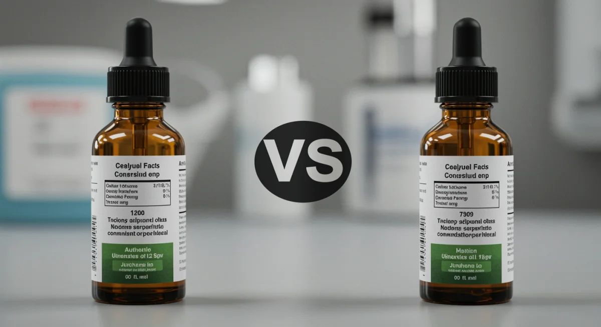 Comparativo visual entre frascos de óleo de cannabis autêntico e falsificado, destacando diferenças na rotulagem.