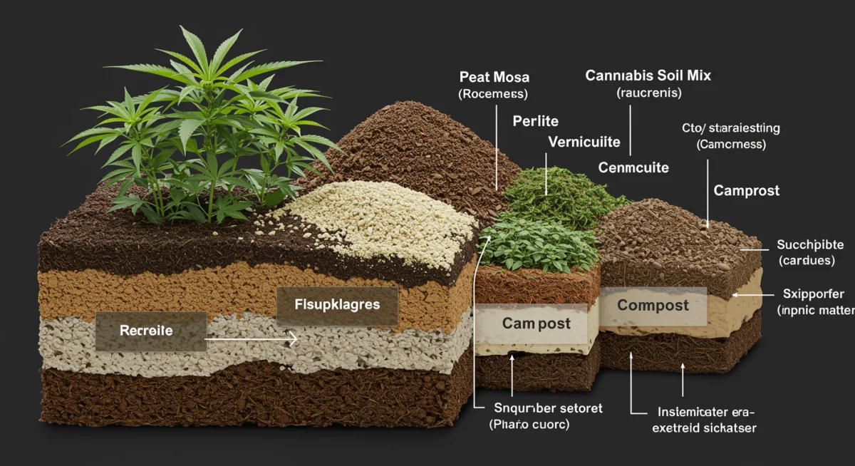Diagrama detalhado dos componentes de uma mistura de solo ideal para o cultivo de cannabis, com camadas e nutrientes identificados.
