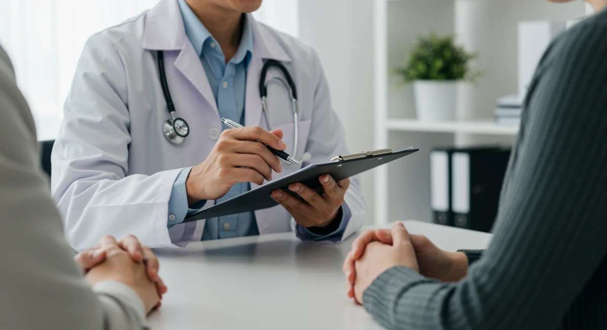 Médico explicando o tratamento com óleo de cannabis a um paciente em consultório.