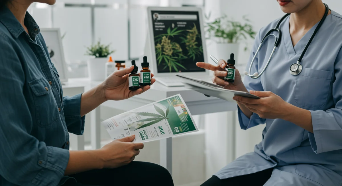 Paciente conversando com médico sobre opções de tratamento com produtos de cannabis para dor crônica.