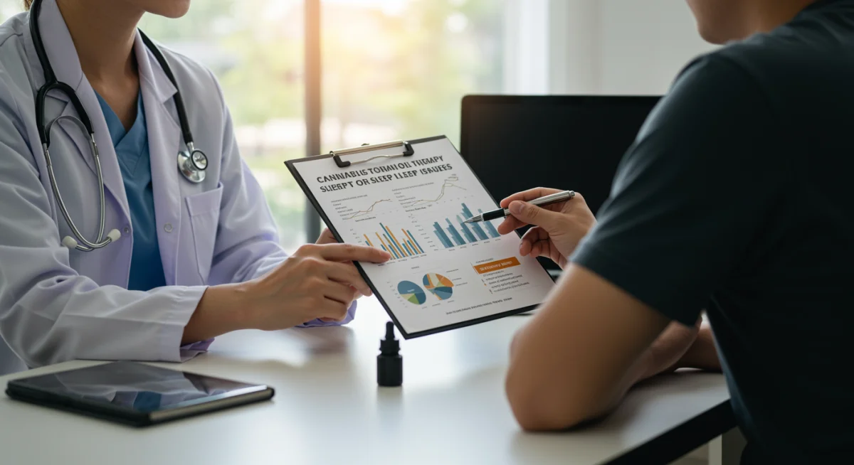 Médico e paciente em consulta, discutindo opções de tratamento com óleo de cannabis para problemas de sono, enfatizando a personalização.