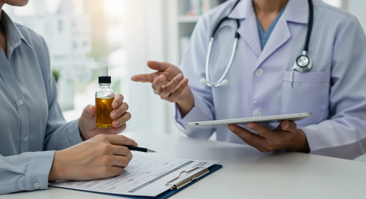 Paciente conversando com médico sobre o uso de óleo de cannabis e outros medicamentos, destacando a importância da orientação profissional.
