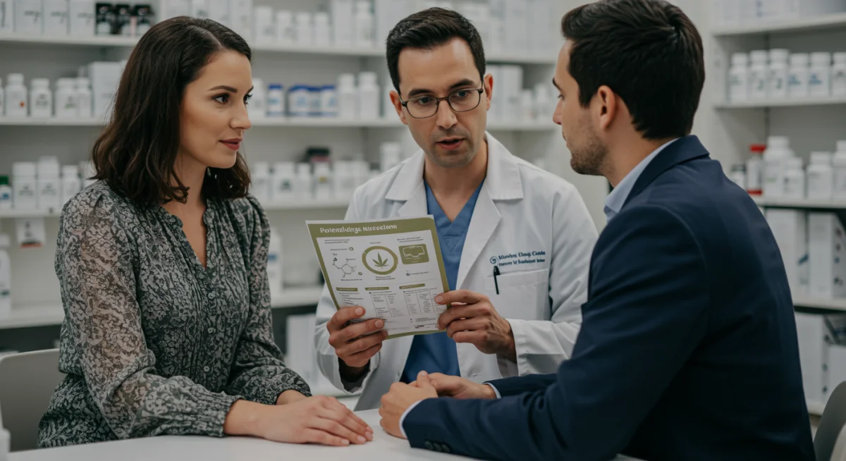 Paciente e profissional de saúde discutindo potenciais interações medicamentosas, enfatizando a importância da comunicação aberta sobre o uso de canabinoides.
