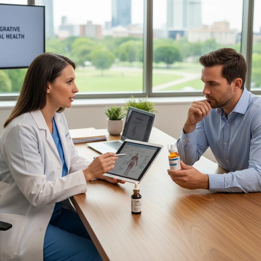 Médico consultando paciente sobre o uso de óleo de cannabis com antidepressivos.