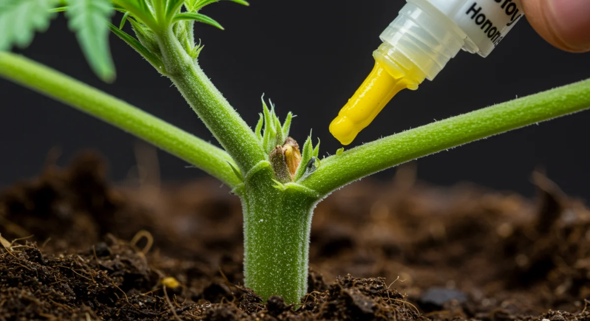 Corte de cannabis com hormônio enraizador aplicado, pronto para o transplante.