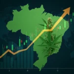 Investimentos em Cannabis no Brasil: Crescimento e Perspectivas Gráfico de crescimento do mercado de cannabis no Brasil com elementos financeiros e folhas de cannabis.