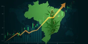 Gráfico de crescimento do mercado de cannabis no Brasil com elementos financeiros e folhas de cannabis.