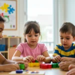 Óleo de Cannabis e Autismo: Resultados Promissores em Estudo Brasileiro Crianças autistas em sessão de terapia, interagindo com brinquedos educativos em um ambiente acolhedor.
