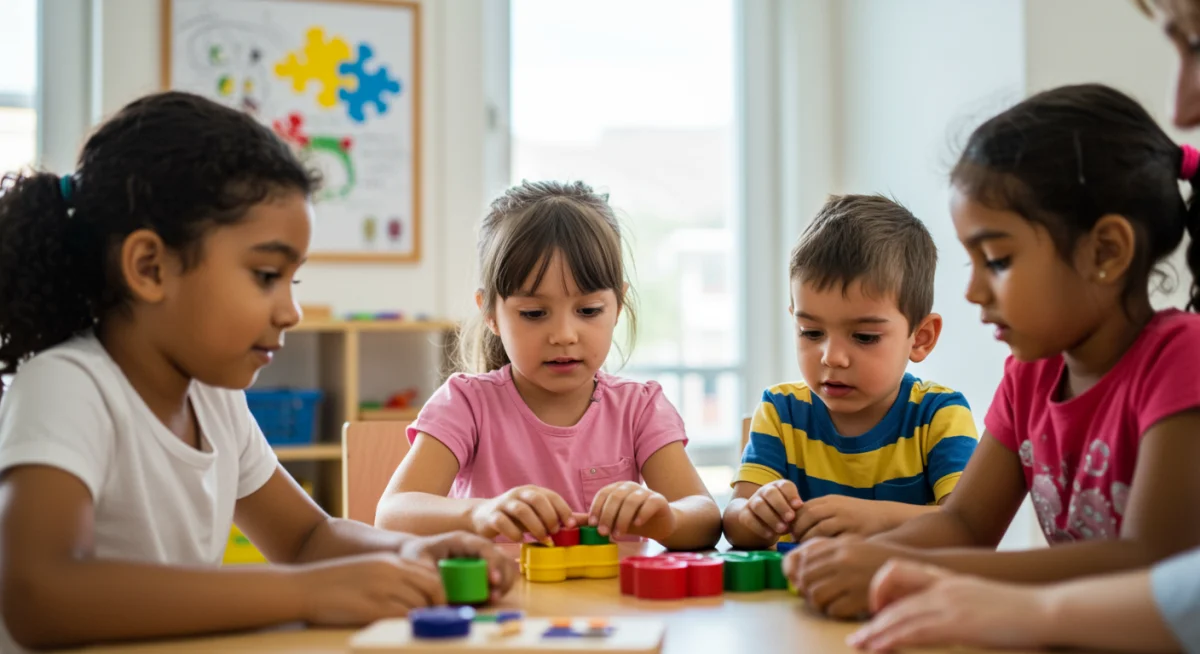 Crianças autistas em sessão de terapia, interagindo com brinquedos educativos em um ambiente acolhedor.