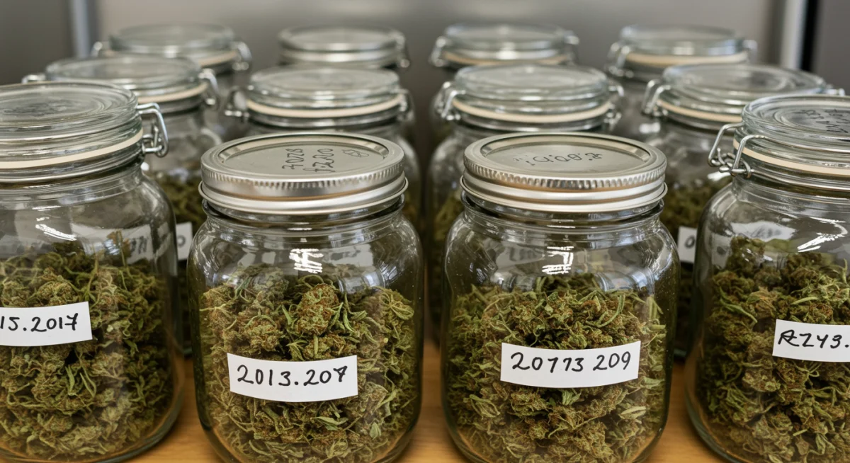 Frascos de vidro selados contendo flores de cannabis em processo de cura, com etiquetas de data.