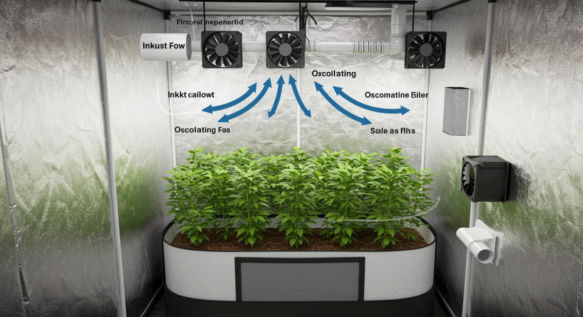 Diagrama de fluxo de ar em estufa de cultivo indoor com ventilação e exaustão.