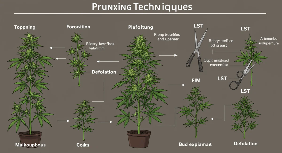 Diagrama de técnicas de poda para cannabis, ilustrando topping, FIM e LST