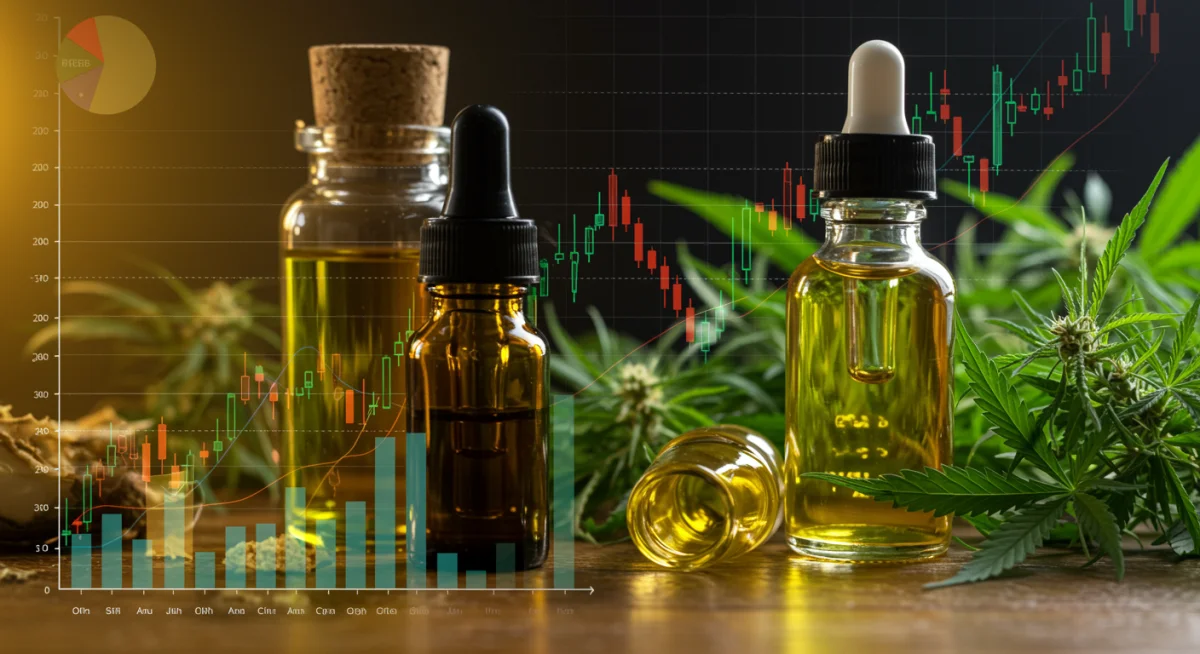 Gráficos econômicos e produtos de cannabis, representando a flutuação de preços do óleo de cannabis no mercado brasileiro.