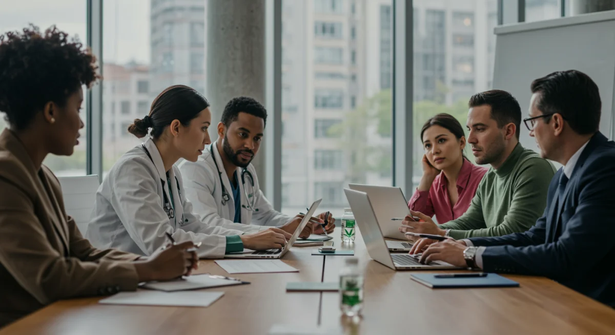 Profissionais de saúde e pacientes discutindo os benefícios e desafios do tratamento com cannabis medicinal.