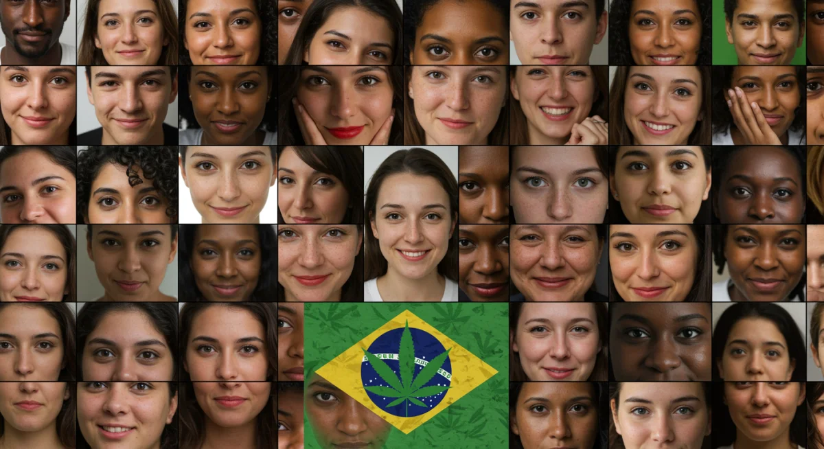 Diversidade de pessoas brasileiras refletindo sobre saúde mental e cannabis.