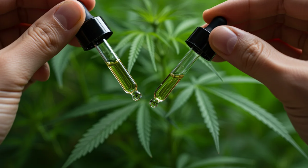 Mão segurando frasco conta-gotas de óleo de cannabis, ilustrando a dosagem precisa.