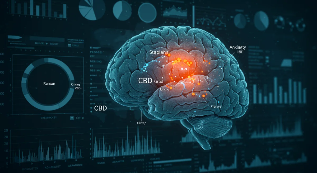 Imagem conceitual de atividade cerebral com áreas destacadas, representando efeitos do CBD na ansiedade.