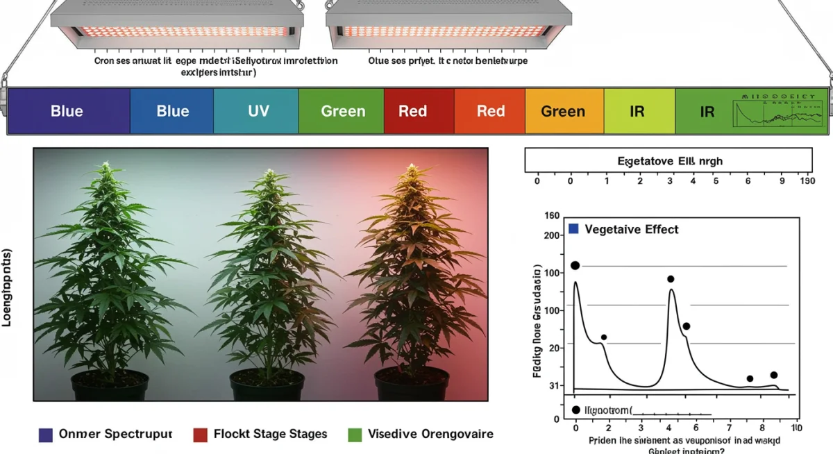 Diagrama detalhado mostrando os espectros de luz LED (azul, vermelho, UV, IR) e seus efeitos nas fases de crescimento da cannabis.