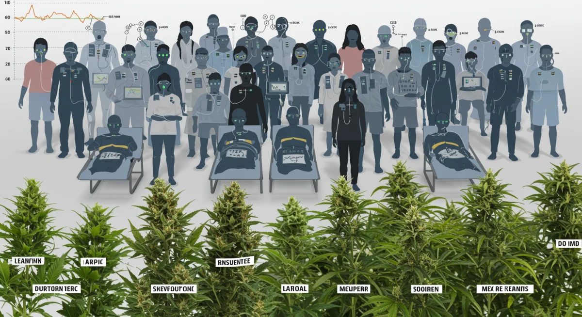 Grupo diversificado de 100 voluntários em um estudo do sono, com sensores e monitores, e diferentes cepas de cannabis em destaque, representando a pesquisa.