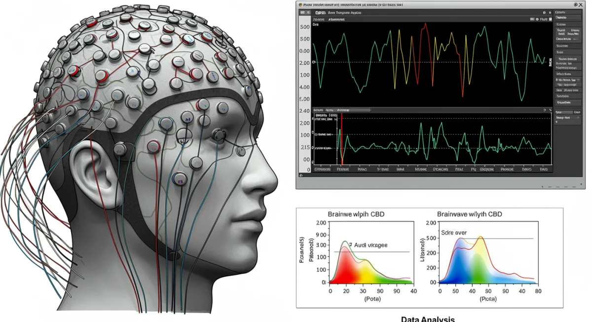 Imagem de um exame de EEG mostrando ondas cerebrais e a aplicação de eletrodos para monitorar a atividade.
