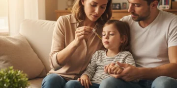Família com criança recebendo tratamento com óleo de cannabis para epilepsia.