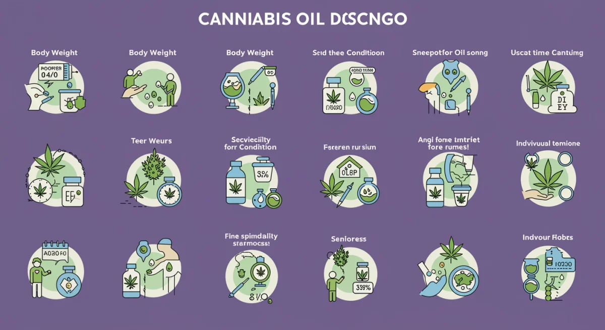 Infográfico ilustrando os múltiplos fatores que influenciam a dosagem do óleo de cannabis.