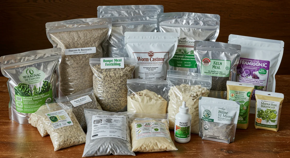 Variedade de fertilizantes orgânicos e emendas de solo dispostos em uma mesa de madeira.