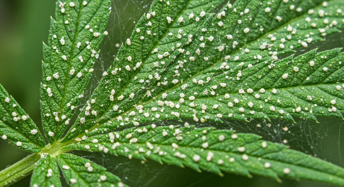 Folha de cannabis infestada por ácaros, evidenciando a necessidade de controle de pragas.