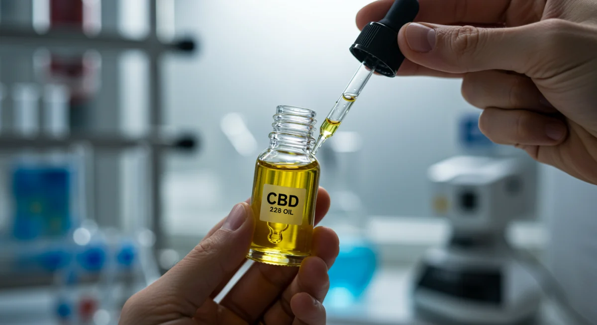 Mão segurando frasco de óleo CBD com conta-gotas, simbolizando dosagem precisa em pesquisa.