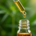 Frasco de óleo de cannabis com conta-gotas, simbolizando a dosagem precisa para tratamento.
