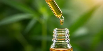 Frasco de óleo de cannabis com conta-gotas, simbolizando a dosagem precisa para tratamento.