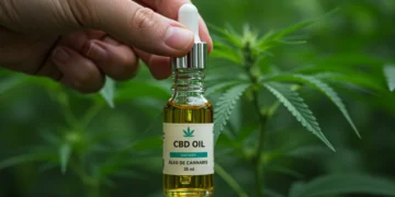 Pessoa segurando frasco de óleo de cannabis com conta-gotas, simbolizando o acesso legal ao tratamento no Brasil.