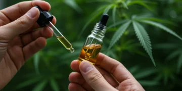 Frasco de óleo de cannabis sendo manuseado, simbolizando a pesquisa para Parkinson.
