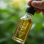 Guia prático: Como escolher o óleo de CBD para ansiedade (5% a 10%) Pessoa segurando um frasco de óleo de CBD, com o rótulo indicando concentração de 5% a 10%, em um ambiente calmo e natural.